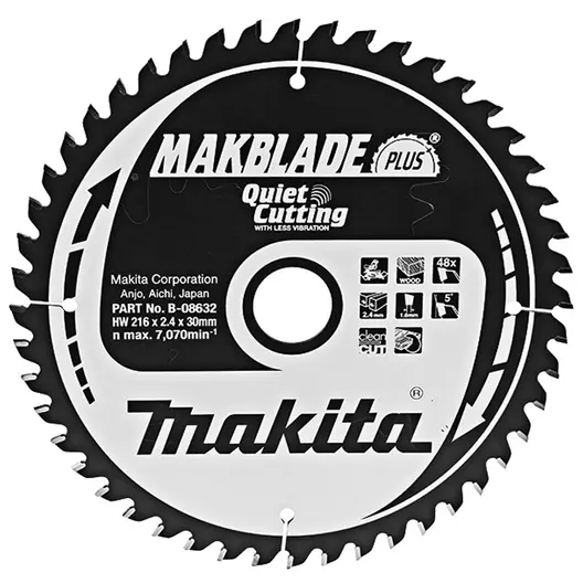 Диск циркулярен за рязане Makita на дърво фино напречно надлъжно с HM пластини  216 мм, 30 мм, 1.6 мм, 48 z, Makblade plus