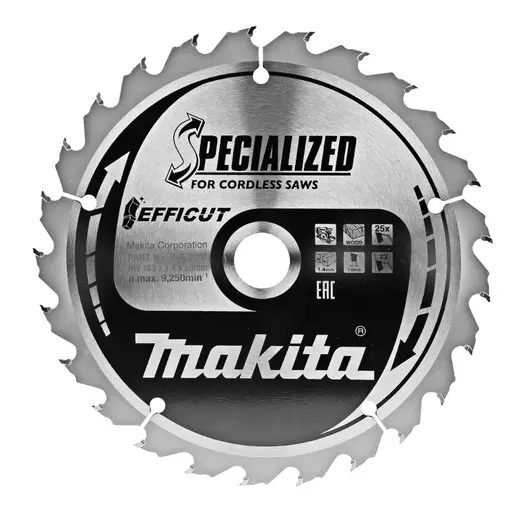 Диск циркулярен за рязане Makita на дърво фино напречно надлъжно с HM пластини  165 мм, 20 мм, 1 мм, 25 z, Efficut