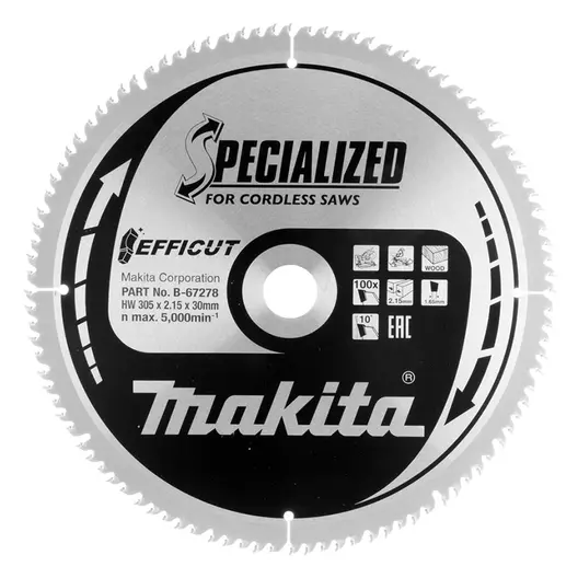 Диск циркулярен за рязане Makita на дърво фино напречно надлъжно с HM пластини  305 мм, 30 мм, 2.15 мм, 100 z, Efficut