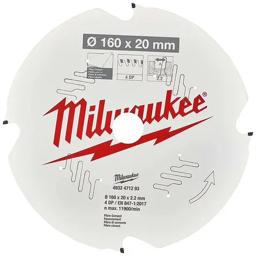 Диск циркулярен за рязане Milwaukee на фиброцимент с PCD пластини с PTFE покритие  160 мм, 20 мм, 2.2 мм, 4 z, CSB P