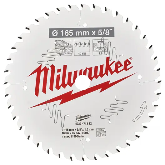 Диск циркулярен за рязане Milwaukee на дърво с HM пластини с PTFE покритие  165 мм, 1.6 мм, 40 z, CSB P