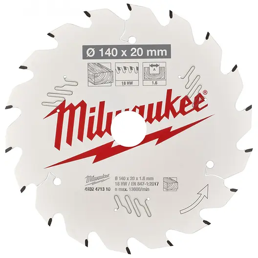 Диск циркулярен за рязане Milwaukee на дърво грубо с HM пластини  140 мм, 20 мм, 1.6 мм, 18 z, CSB P