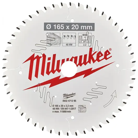 Диск циркулярен за рязане Milwaukee на дърво с HM пластини с PTFE покритие  165 мм, 20 мм, 2.2 мм, 48 z, CSB P