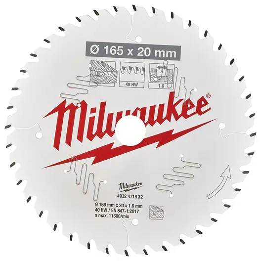 Диск циркулярен за рязане Milwaukee на дърво с HM пластини с PTFE покритие  165 мм, 20 мм, 1.6 мм, 40 z, CSB P