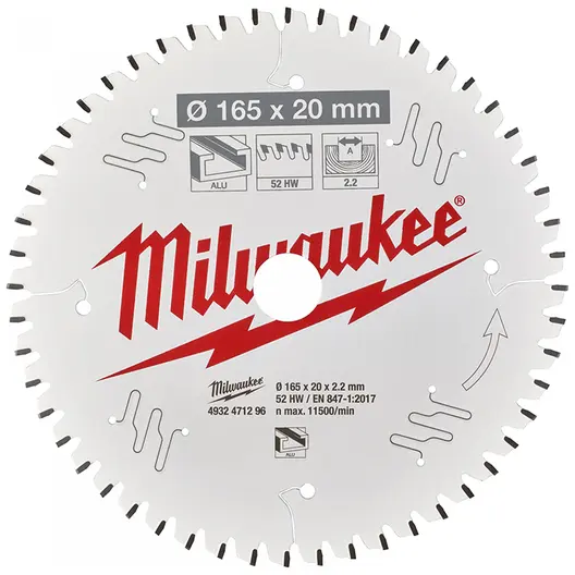 Диск циркулярен за рязане Milwaukee на алуминий с HM пластини с PTFE покритие  165 мм, 20 мм, 1.6 мм, 52 z, CSB P
