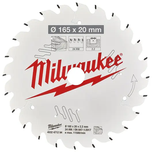Диск циркулярен за рязане Milwaukee на дърво грубо с HM пластини  165 мм, 20 мм, 2.2 мм, 24 z, CSB P