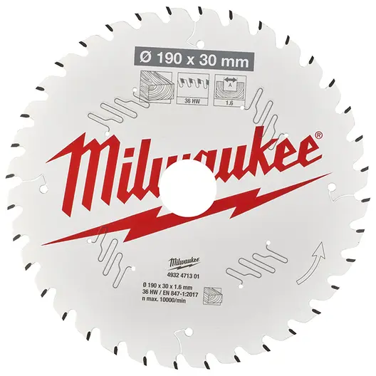 Диск циркулярен за рязане Milwaukee на дърво грубо с HM пластини  190 мм, 30 мм, 1.6 мм, 36 z, CSB P