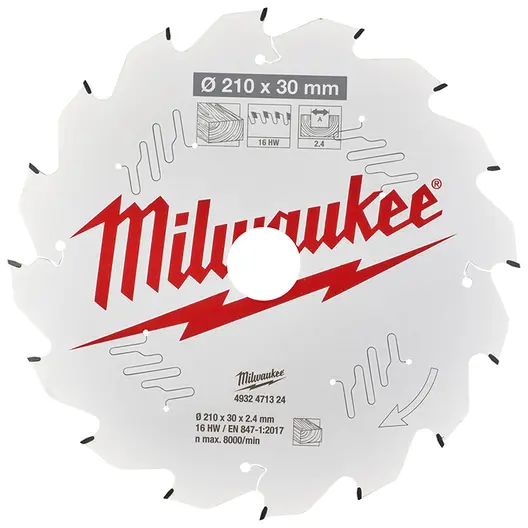 Диск циркулярен за рязане Milwaukee на дърво грубо с HM пластини  210 мм, 30 мм, 2.4 мм, 16 z, CSB P