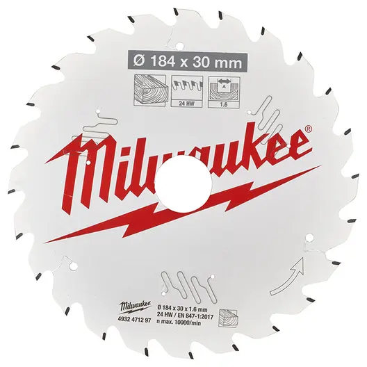 Диск циркулярен за рязане Milwaukee на дърво грубо с HM пластини  184 мм, 30 мм, 1.6 мм, 24 z, CSB P