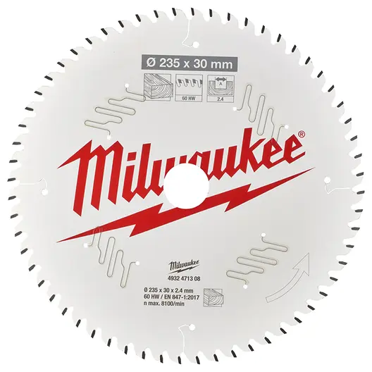 Диск циркулярен за рязане Milwaukee на дърво с HM пластини с PTFE покритие  235 мм, 30 мм, 2.4 мм, 60 z, CSB P