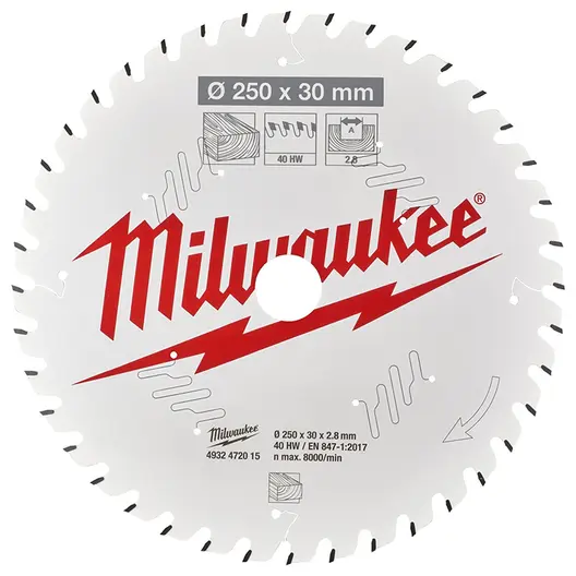 Диск циркулярен за рязане Milwaukee на дърво с HM пластини с PTFE покритие  250 мм, 30 мм, 2.8 мм, 40 z, CSB MS