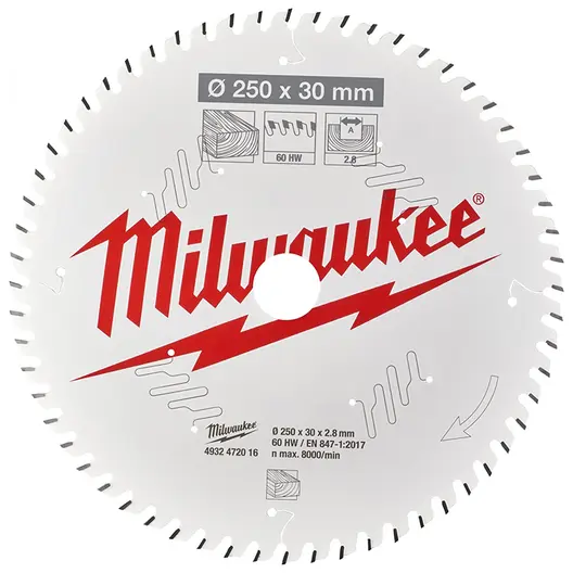 Диск циркулярен за рязане Milwaukee на дърво с HM пластини с PTFE покритие  250 мм, 30 мм, 2.8 мм, 60 z, CSB MS