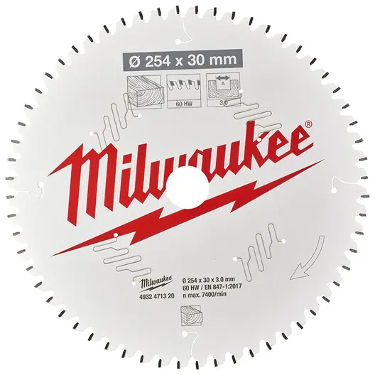 Диск циркулярен за рязане Milwaukee на дърво с HM пластини с PTFE покритие  254 мм, 30 мм, 3 мм, 60 z, CSB MS