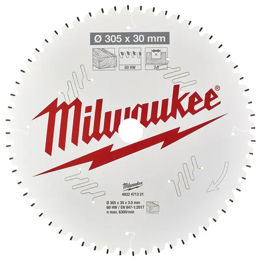 Диск циркулярен за рязане Milwaukee на дърво с HM пластини с PTFE покритие  305 мм, 30 мм, 3 мм, 60 z, CSB MS