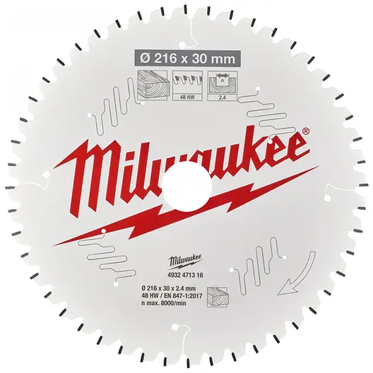 Диск циркулярен за рязане Milwaukee на дърво с HM пластини с PTFE покритие  216 мм, 30 мм, 2.4 мм, 48 z, CSB MS