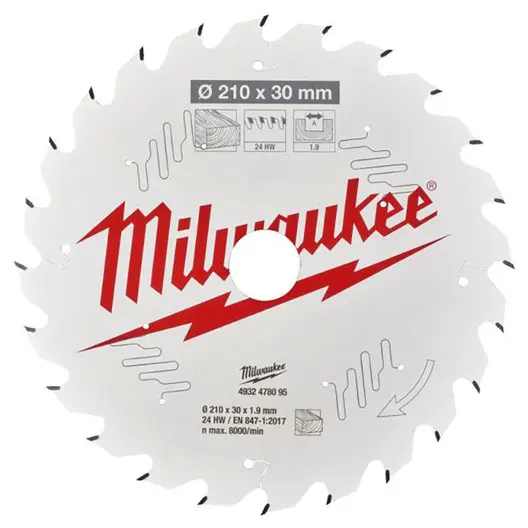Диск циркулярен за рязане Milwaukee на дърво грубо с HM пластини  210 мм, 30 мм, 1.9 мм, 24 z, CSB TS