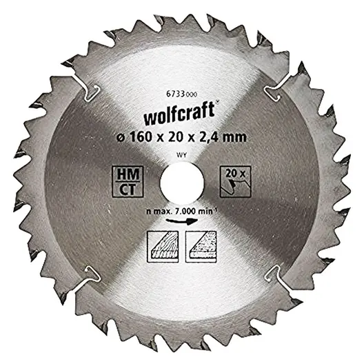 Диск циркулярен за рязане Wolfcraft на дърво напречно надлъжно с HM пластини  160 мм, 20 мм, 20 z