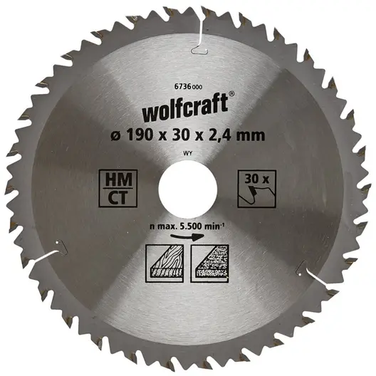 Диск циркулярен за рязане Wolfcraft на дърво фино напречно надлъжно с HM пластини  190 мм, 30 мм, 30 z