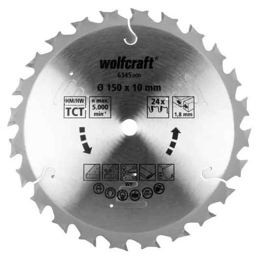 Диск циркулярен за рязане Wolfcraft на дърво напречно надлъжно с HM пластини  150 мм, 10 мм, 1.8 мм, 24 z
