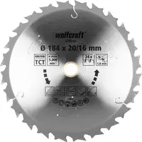 Диск циркулярен за рязане Wolfcraft на дърво напречно надлъжно с HM пластини  184 мм, 20/16 мм, 1.8 мм, 24 z