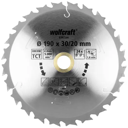 Диск циркулярен за рязане Wolfcraft на дърво напречно надлъжно с HM пластини  190 мм, 30/20 мм, 1.8 мм, 24 z