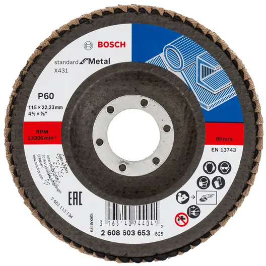 Ламелен диск за шлайфане Bosch на метал  115 мм, 22.23 мм, P60, конусен, Standard for Metal X431