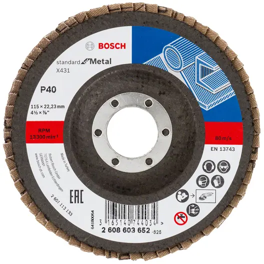 Ламелен диск за шлайфане Bosch на метал  115 мм, 22.23 мм, P40, конусен, Standard for Metal X431