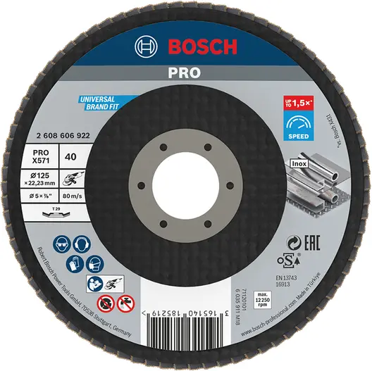 Ламелен диск за шлайфане Bosch на метал и неръждаема стомана  125 мм, 22.23 мм, P40, конусен, PRO X571