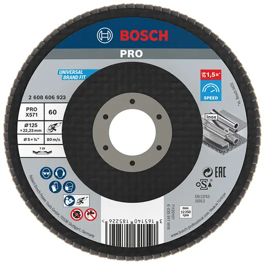 Ламелен диск за шлайфане Bosch на метал и неръждаема стомана  125 мм, 22.23 мм, P60, конусен, PRO X571