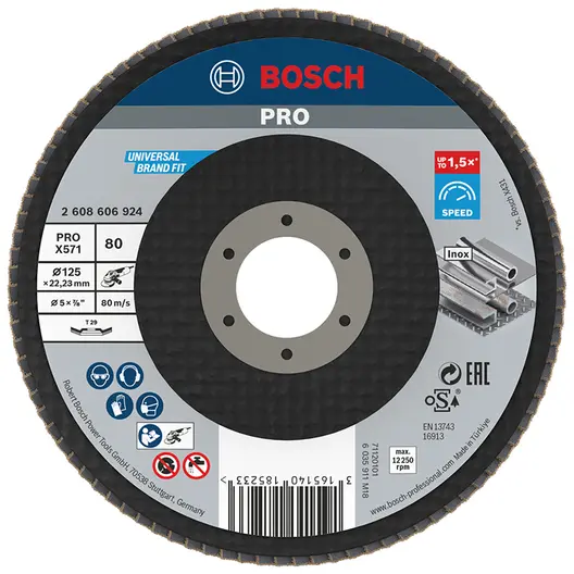 Ламелен диск за шлайфане Bosch на метал и неръждаема стомана  125 мм, 22.23 мм, P80, конусен, PRO X571