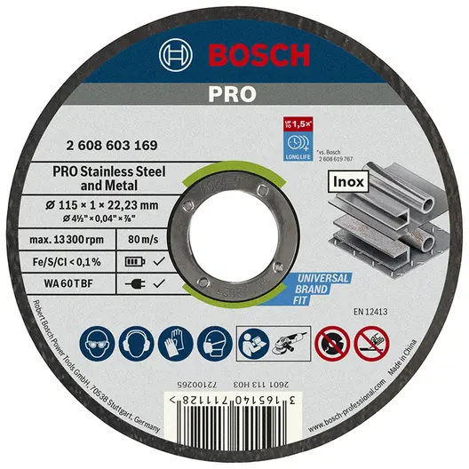 Диск карбофлексен за рязане Bosch на неръждаема стомана  115 мм, 1 мм, 22.23 мм, PRO Stainless Steel and Metal