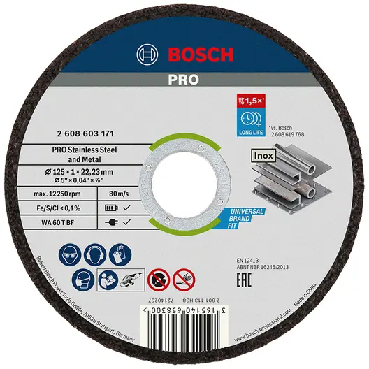 Диск карбофлексен за рязане Bosch на неръждаема стомана  125 мм, 1 мм, 22.23 мм, PRO Stainless Steel and Metal
