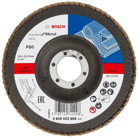 Ламелен диск за шлайфане Bosch на метал  125 мм, 22.23 мм, P80, конусен, Standard for Metal X431