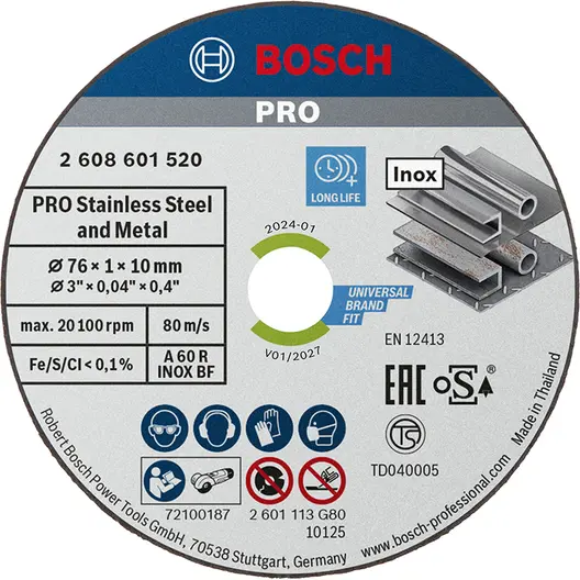 Диск карбофлексен за рязане Bosch на неръждаема стомана  76 мм, 1 мм, 10 мм, PRO Stainless Steel and Metal
