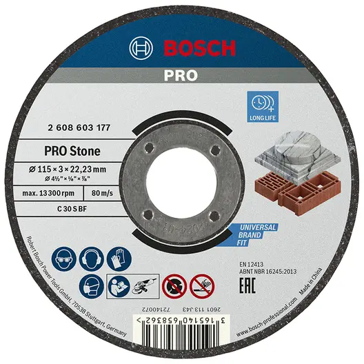 Диск карбофлексен за рязане Bosch на камък и неметали  115 мм, 3 мм, 22.23 мм, PRO Stone
