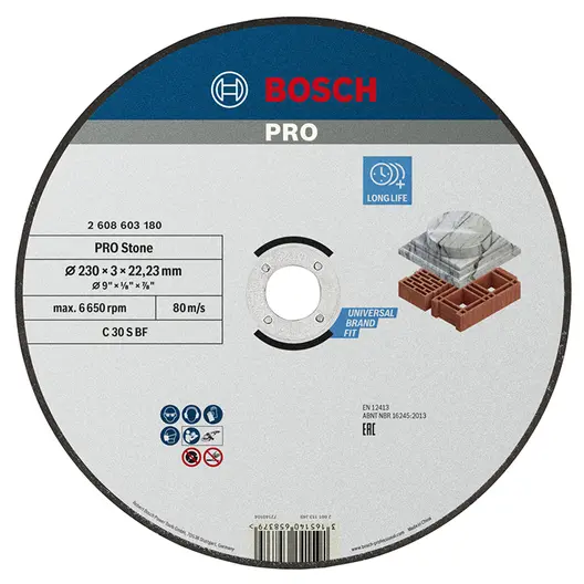 Диск карбофлексен за рязане Bosch на камък и неметали  230 мм, 3 мм, 22.23 мм, PRO Stone