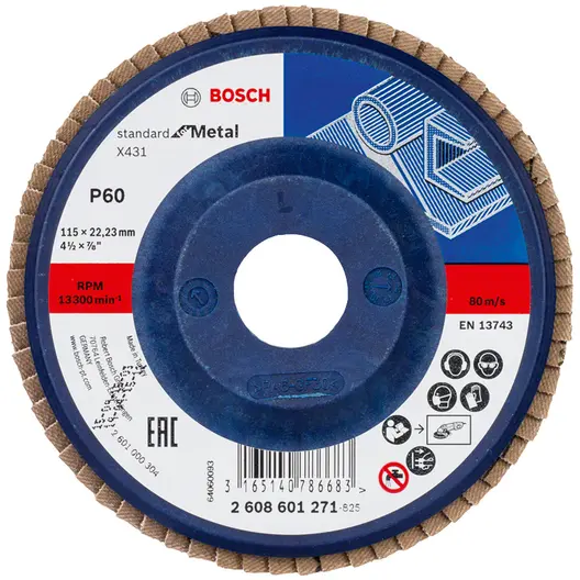 Ламелен диск за шлайфане Bosch на метал  115 мм, 22.23 мм, P60, прав, Standard for Metal X431