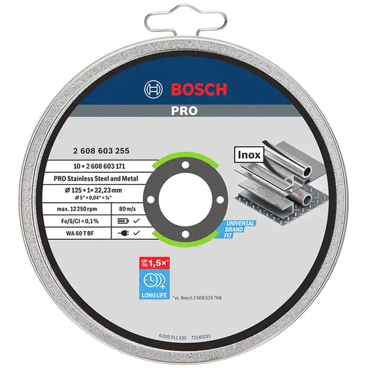 Диск карбофлексен за рязане Bosch на неръждаема стомана  125 мм, 1 мм, 22.23 мм, PRO Stainless Steel and Metal