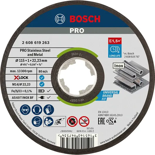 Диск карбофлексен за рязане Bosch на метал и неръждавейка  115 мм, 1 мм, 22.23 мм, PRO Stainless Steel and Metal X-Lock