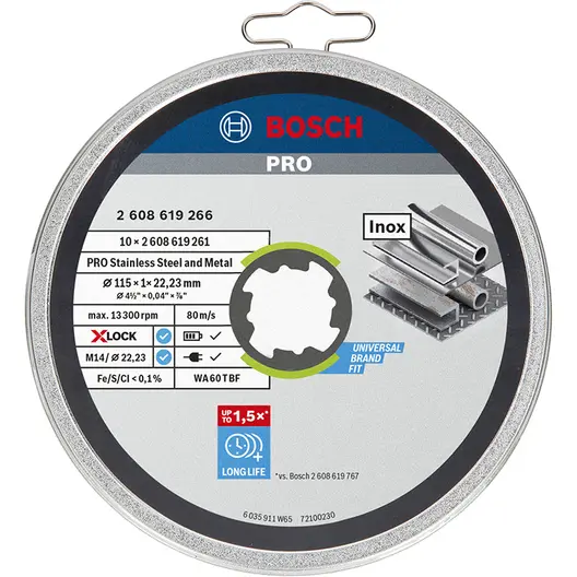 Диск карбофлексен за рязане Bosch на метал и неръждавейка 10 бр. 115 мм, 1 мм, 22.23 мм, PRO Stainless Steel and Metal X-Lock