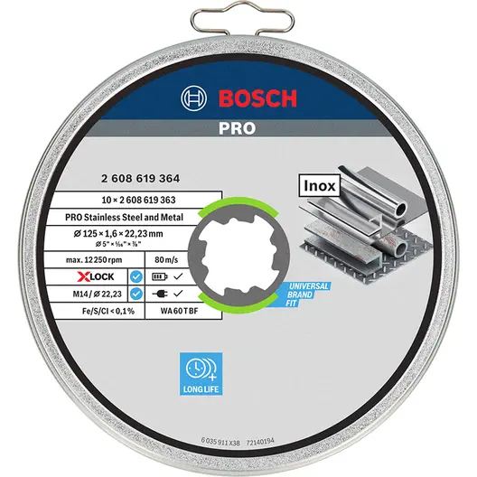 Диск карбофлексен за рязане Bosch на метал и неръждавейка 10 бр. 125 мм, 1.6 мм, 22.23 мм, PRO Stainless Steel and Metal X-Lock