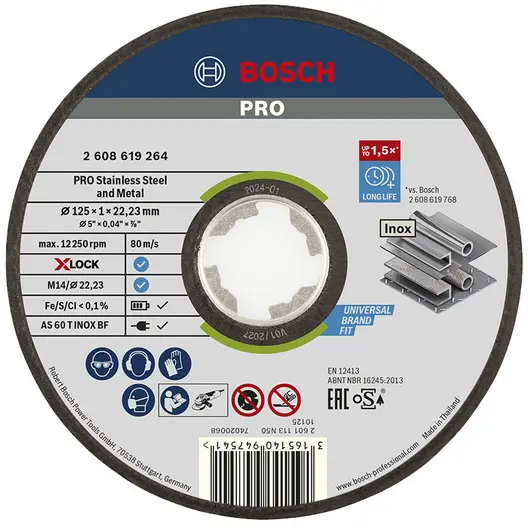 Диск карбофлексен за рязане Bosch на метал и неръждавейка  125 мм, 1 мм, 22.23 мм, PRO Stainless Steel and Metal X-Lock