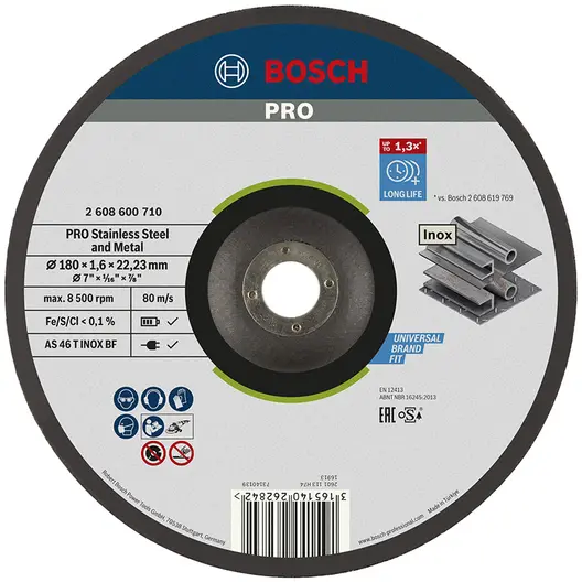 Диск карбофлексен за рязане Bosch на метал и неръждавейка  180 мм, 1.6 мм, 22.23 мм, PRO Stainless Steel and Metal