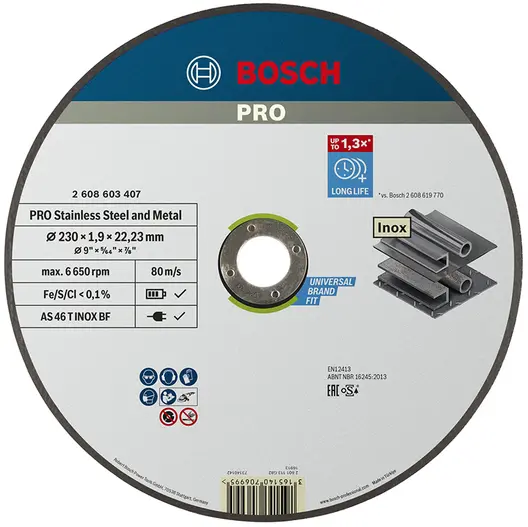 Диск карбофлексен за рязане Bosch на метал и неръждавейка  230 мм, 1.9 мм, 22.23 мм, PRO Stainless Steel and Metal