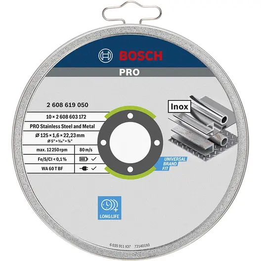 Диск карбофлексен за рязане Bosch на метал и неръждавейка 10 бр. 125 мм, 1.6 мм, 22.23 мм, PRO Stainless Steel and Metal