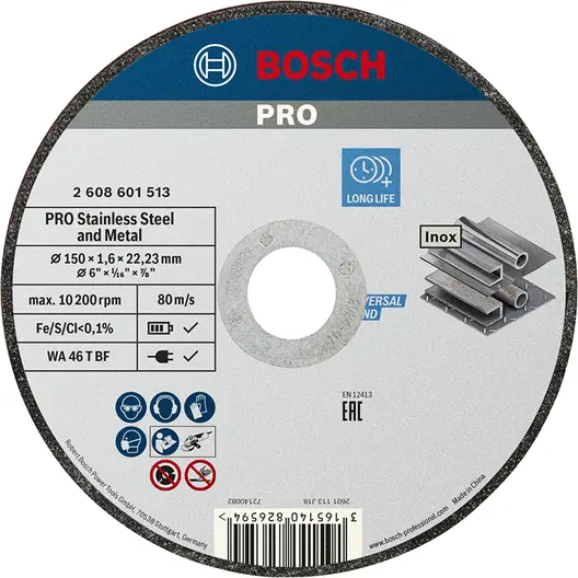 Диск карбофлексен за рязане Bosch на метал и неръждавейка  150 мм, 1.6 мм, 22.23 мм, PRO Stainless Steel and Metal