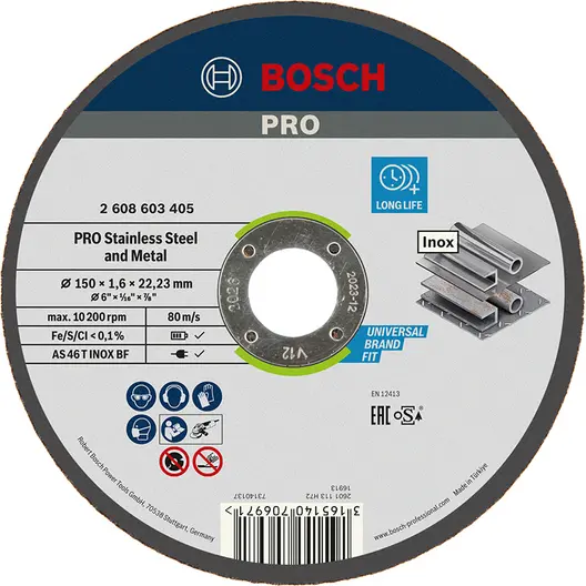 Диск карбофлексен за рязане Bosch на метал и неръждавейка  150 мм, 1.6 мм, 22.23 мм, PRO Stainless Steel and Metal
