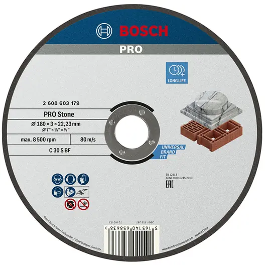 Диск карбофлексен за рязане Bosch на камък и неметали  180 мм, 3 мм, 22.23 мм, PRO Stone