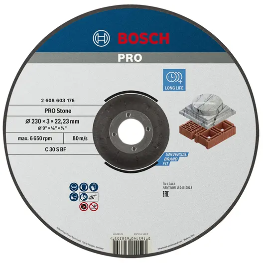 Диск карбофлексен за рязане Bosch на камък и неметали  230 мм, 3 мм, 22.23 мм, PRO Stone