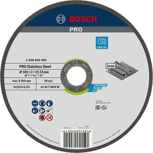 Диск карбофлексен за рязане Bosch на неръждаема стомана  180 мм, 2 мм, 22.23 мм, PRO Stainless Steel